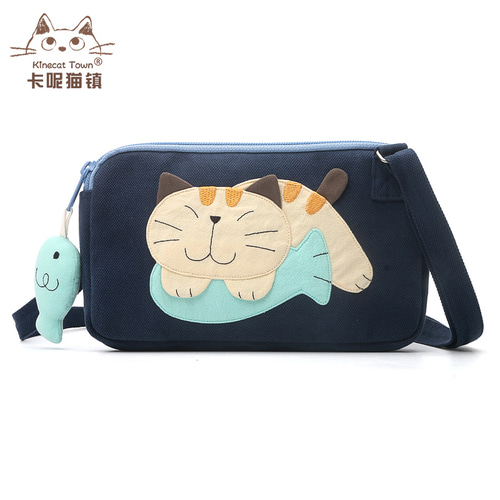 KINECAT KINE 고양이 순면 귀여운 캐치 물고기 고양이 여성용 숄더백 작은 메신저 백 휴대폰 가방 지갑 일본과 한국