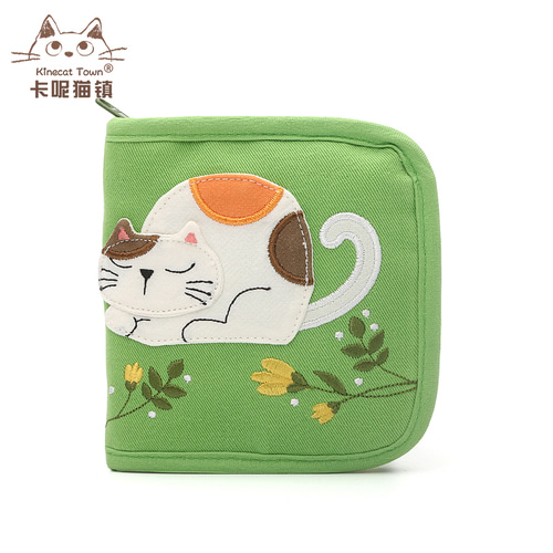 KINECAT KINE 고양이 순면 원단 귀여운 모리 걸 스타일 신선하고 컴팩트 한 지갑 카드 홀더 동전 지갑 여성용