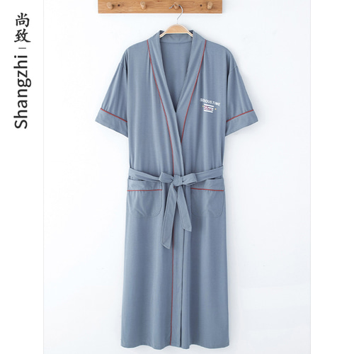 Shang Zhi Night Gown 남성 여름 코튼 짧은 소매 얇은 섹션 일본식 청소년과 의류 봄과 여름면 목욕 가운 남성용 잠옷